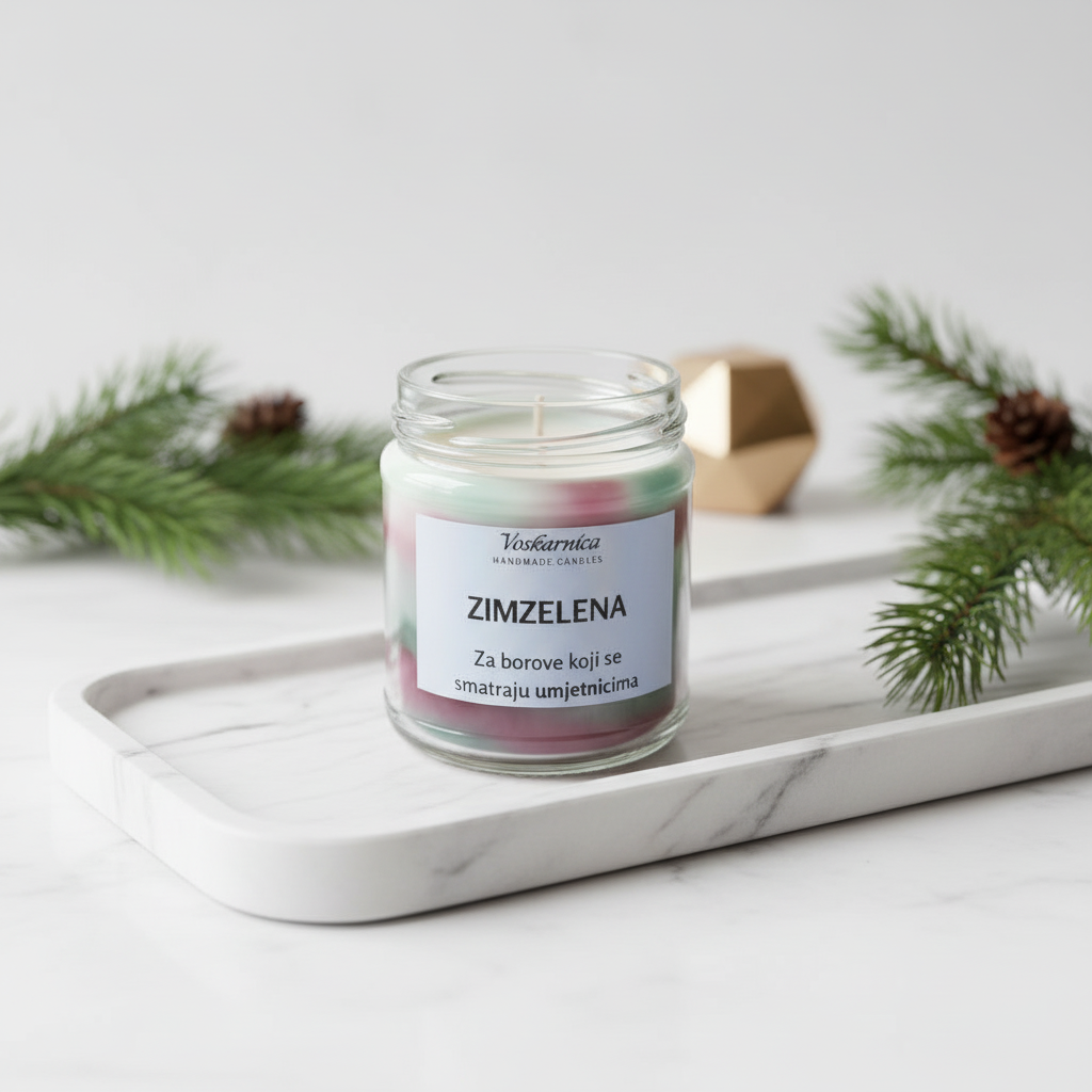 Candle in a glass jar labeled 'Zimzelena' on a marble tray with decorative elements.