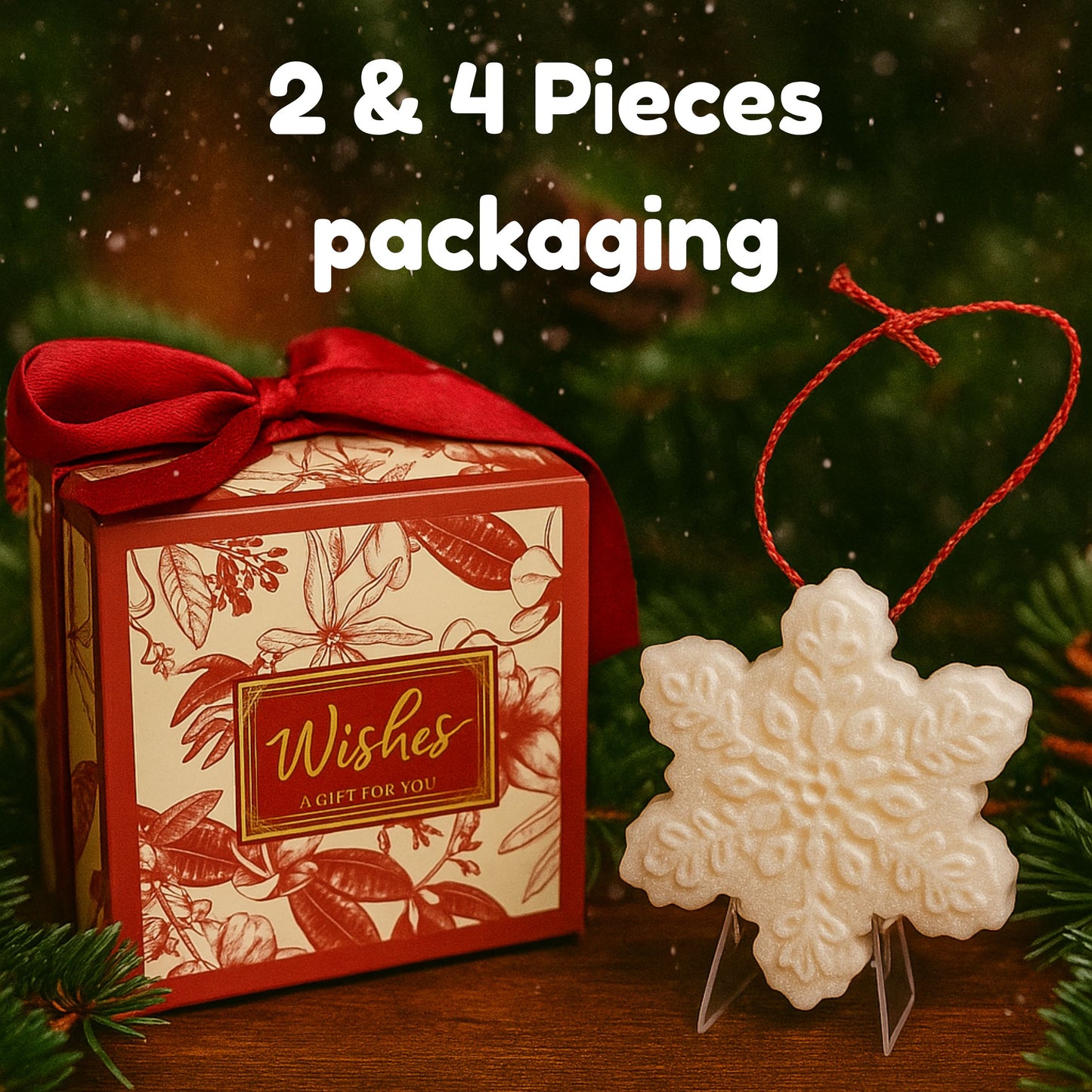 Decorative gift box with a red ribbon and a snowflake ornament on a Christmas tree background.