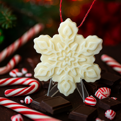 White snowflake-shaped wax ornament with a red string on a festive background with candy canes and peppermints.