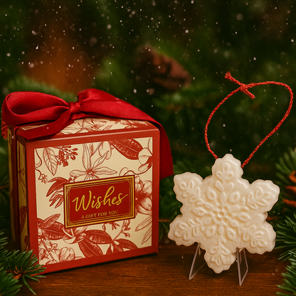 Christmas gift box with red ribbon and decorative snowflake ornament on a wooden surface with blurred Christmas tree in the background.