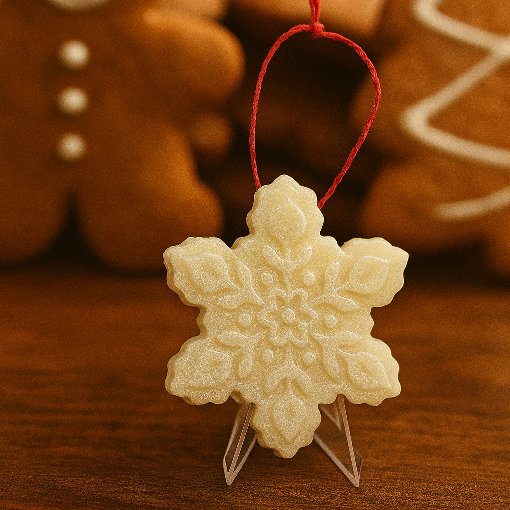 Snowflake ornamelt on a stand with gingerbread cookies in the background