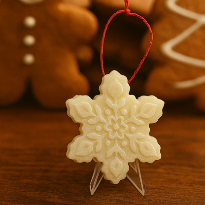 Snowflake ornamelt on a stand with gingerbread cookies in the background