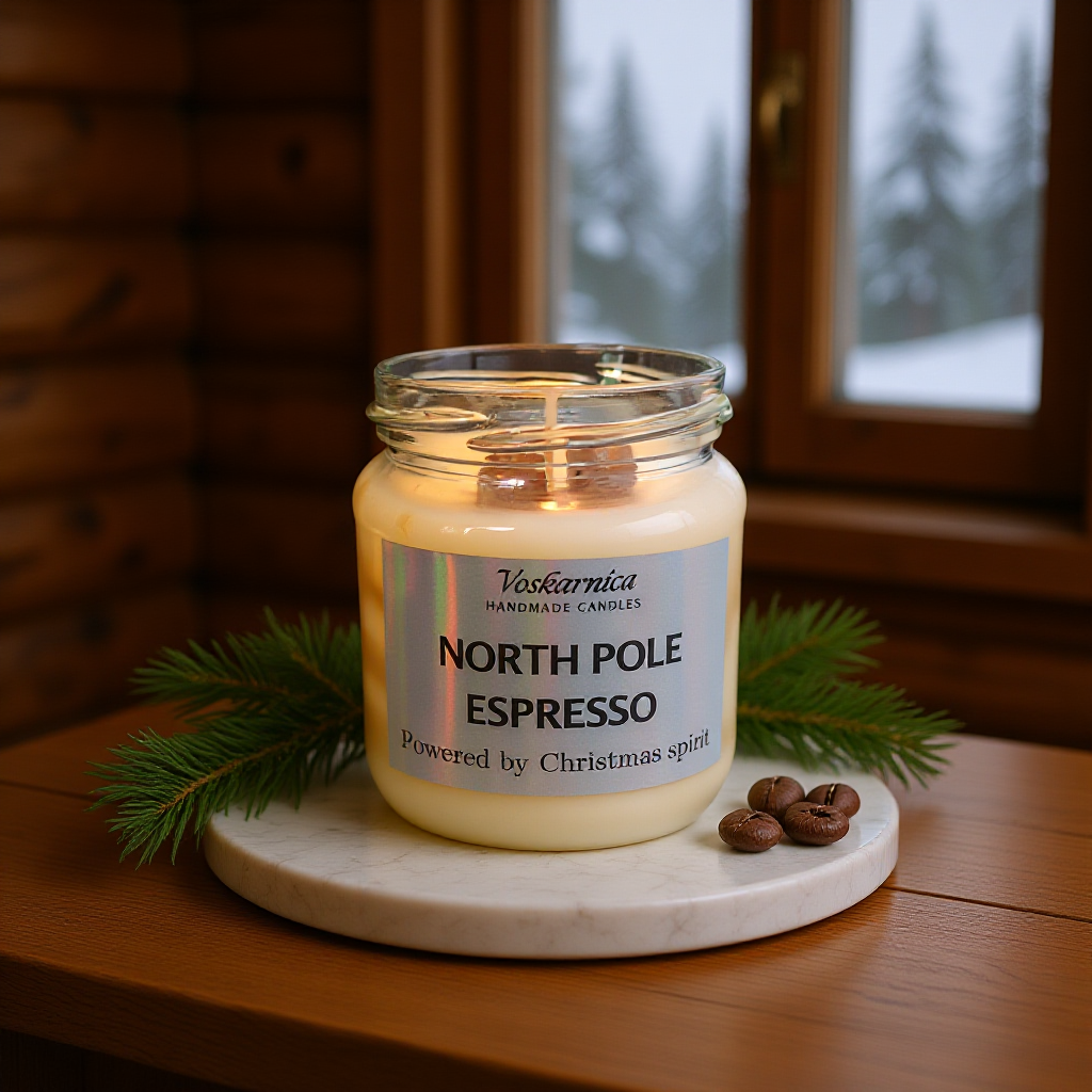 Candle labeled 'North Pole Espresso' on a wooden surface with a blurred window background