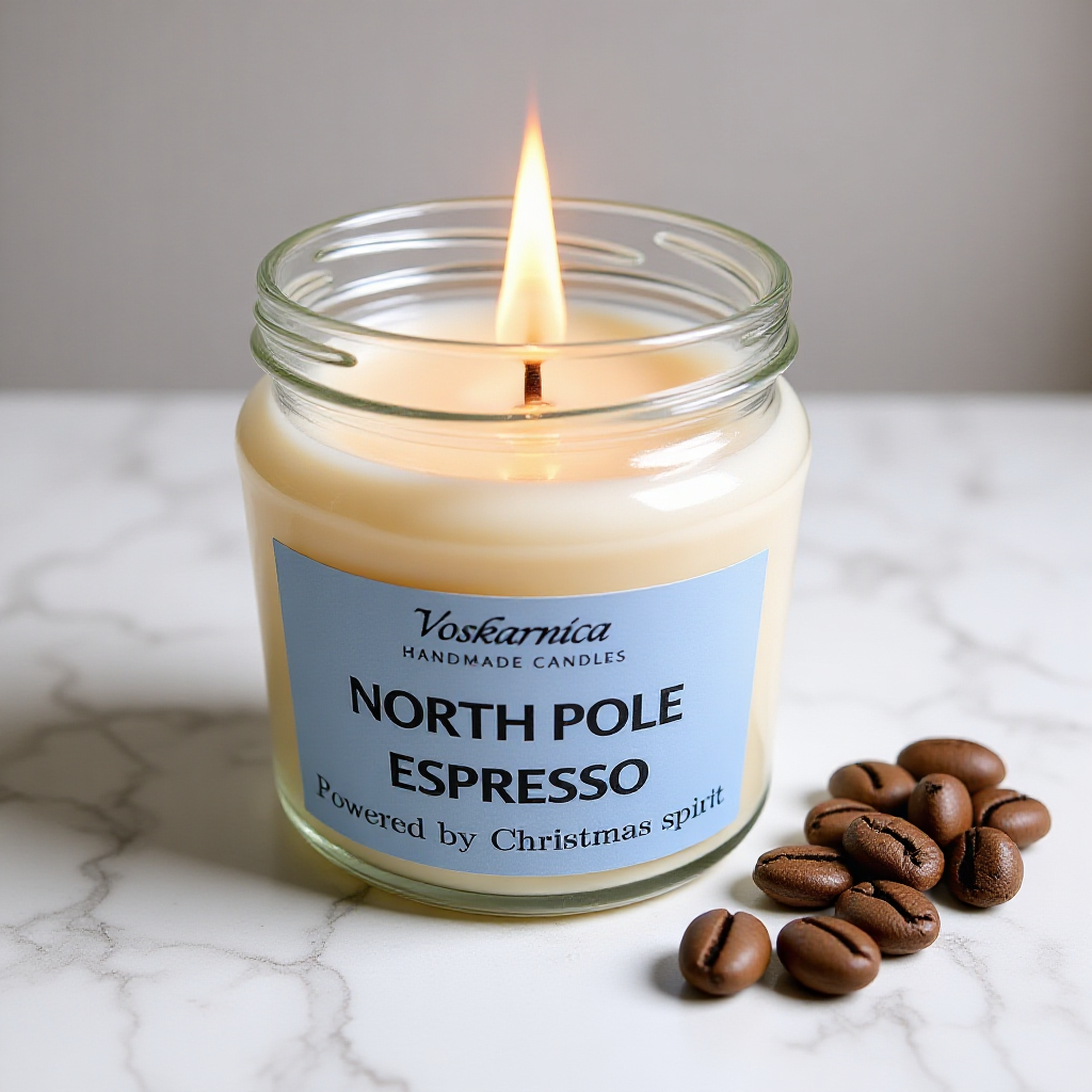 Candle in a glass jar labeled 'North Pole Espresso' with coffee beans on a marble surface