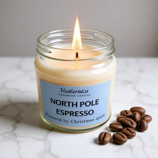 Candle in a glass jar labeled 'North Pole Espresso' with coffee beans on a marble surface