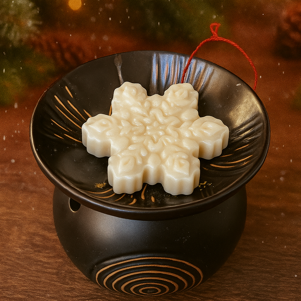 Decorative snowflake ornamelt in a wax melter with a Christmas tree in the background