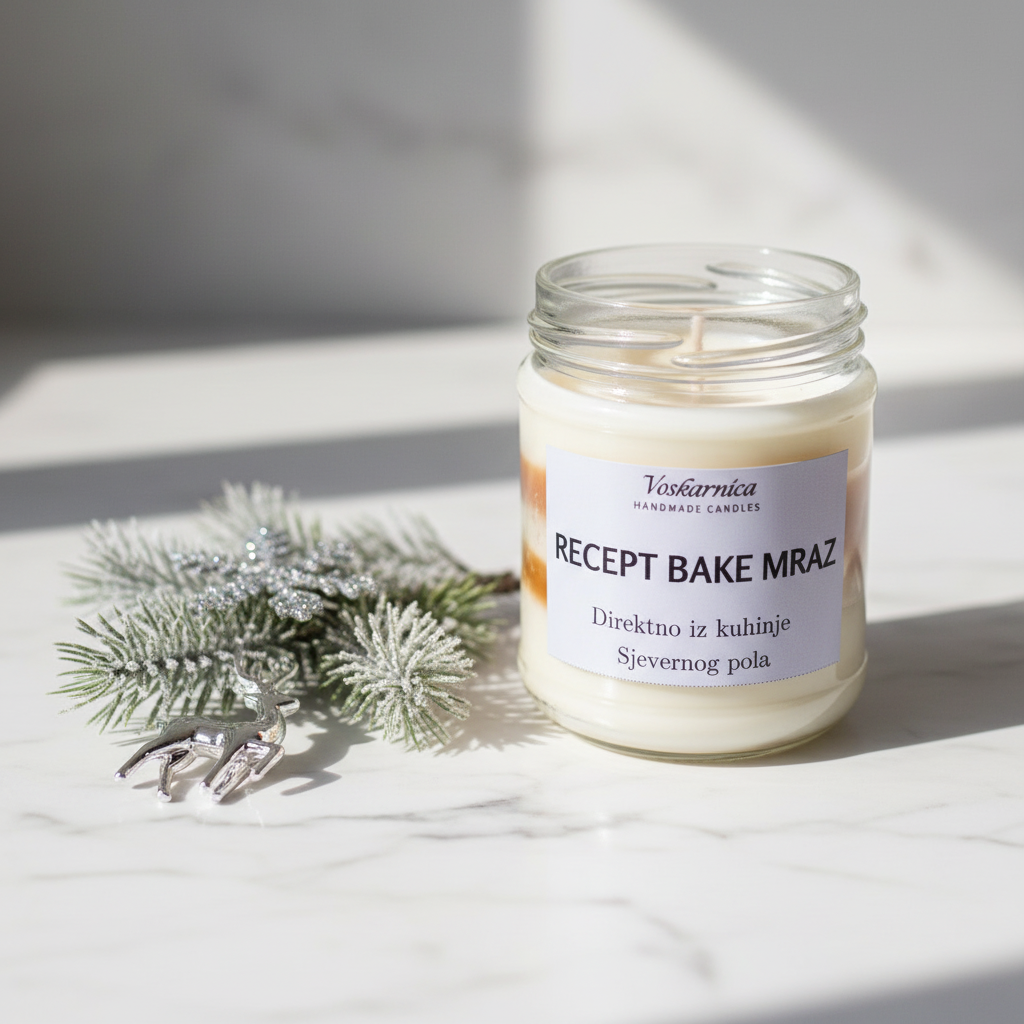 Candle in a glass jar with a label next to a sprig of pine on a light surface.