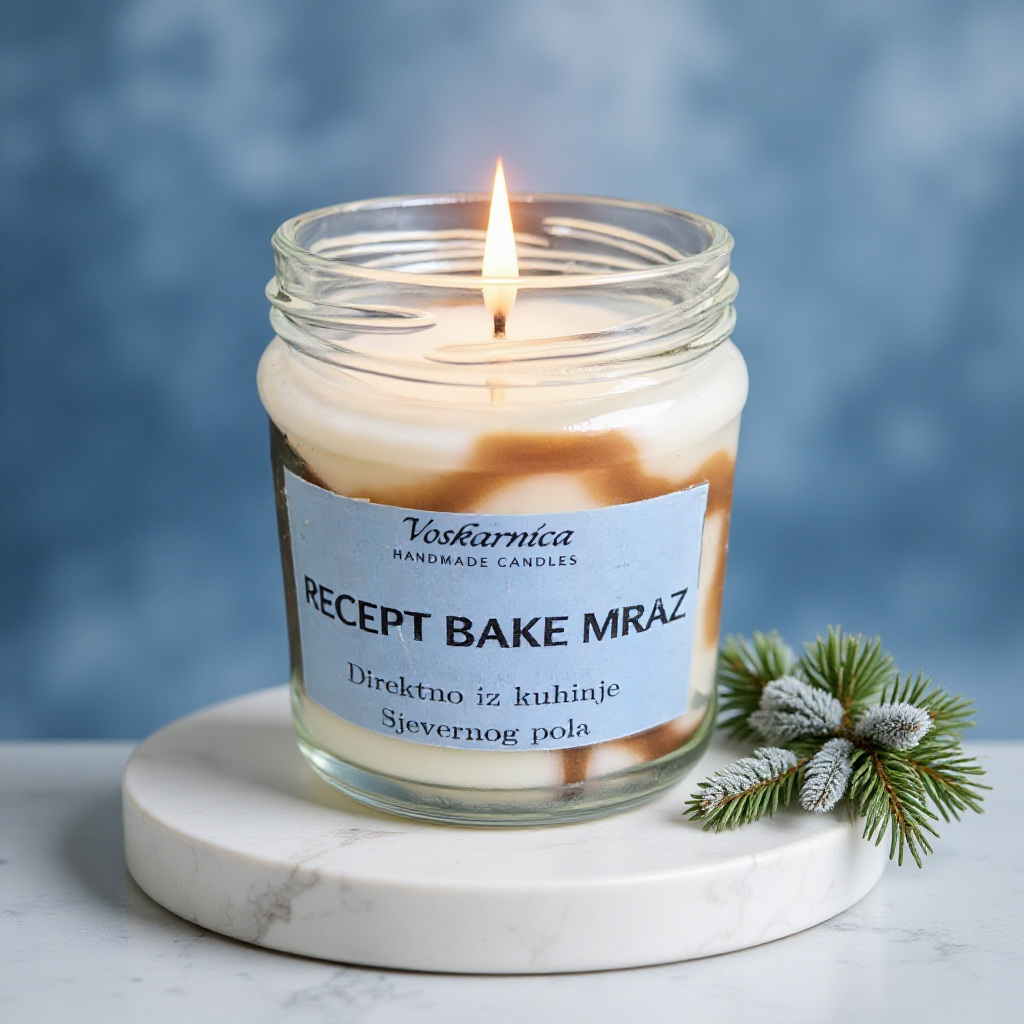 Candle in a glass jar with a label on a marble coaster, surrounded by a sprig of pine.
