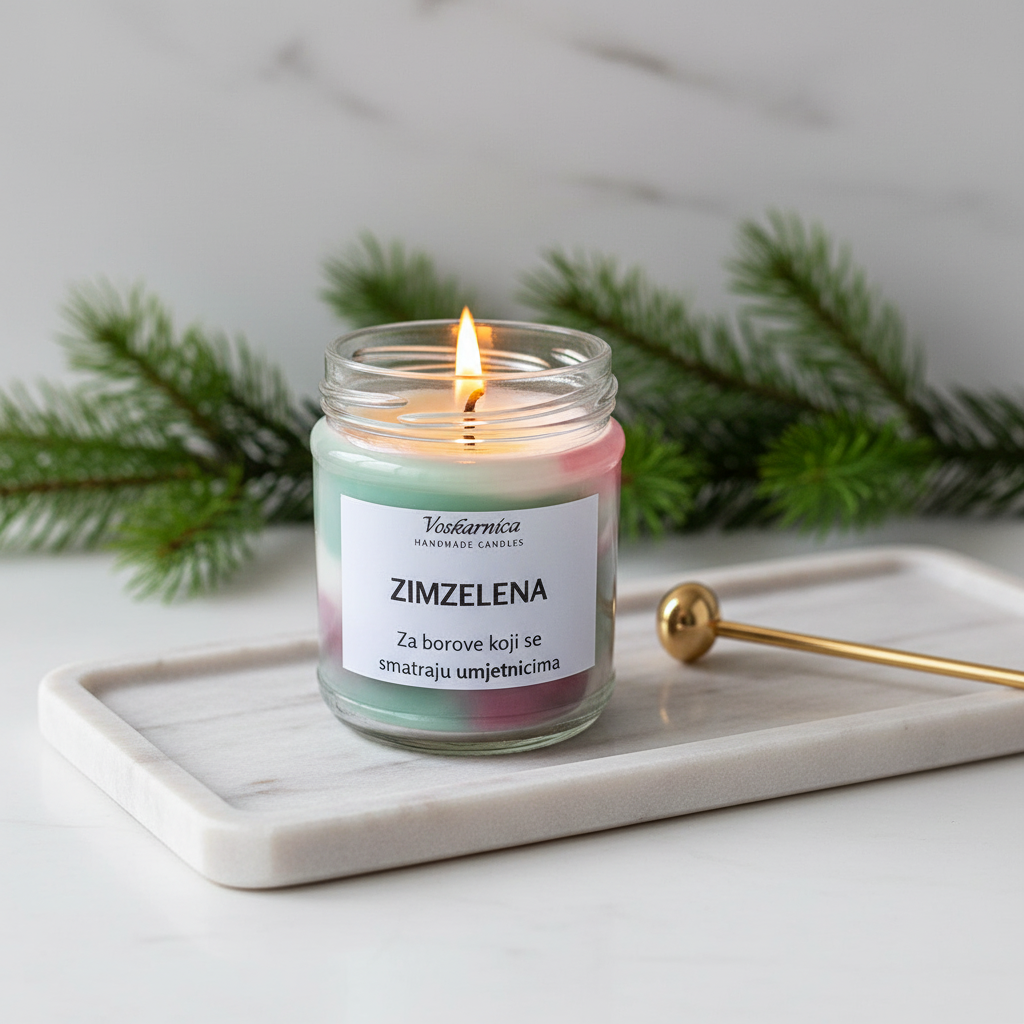 Candle in a glass jar labeled 'Zimzelena' on a marble tray with greenery in the background